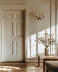 Cozy interior in Scandinavian or minimalist style. Warm sunlight comes through the window, casting soft shadows on the white wall and wooden floor. 