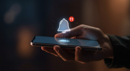 Mobile Notifications: Hand Holding Phone Displaying Alert Bell with Number Eleven