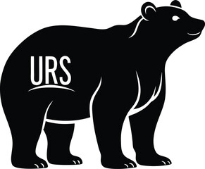 Fototapeta premium Strong Ursus bear silhouette, a bold black vector graphic icon with text. Unique design code for branding