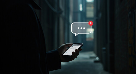 Urban Communication: Anonymous Figure Checking Messages on Phone in Dark Alley