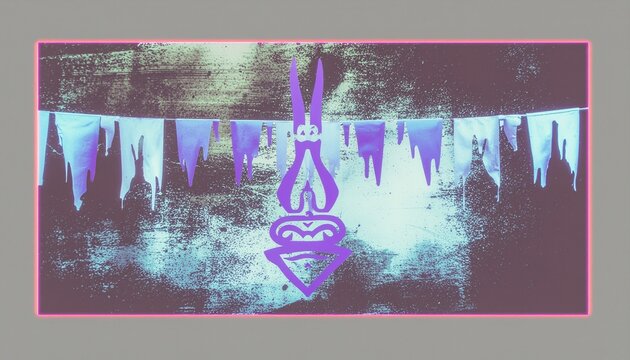 A stylized, abstract purple figure resembling a rabbit or character with pointed ears and intricate facial details, suspended against a textured, dark backgr...