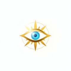 Evil eye protection charm, gold necklace, blue nazar amulet white isolated background