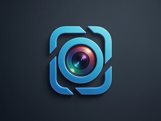 Blue camera lens icon with 3d effect on dark background