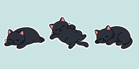 Lazy cute black cats are peacefully sleeping in different cozy positions.