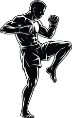 Fototapeta premium Dynamic Muay Thai Fighter Kicking with Power and Precision, Striking Silhouette for Martial Arts, Gyms and Fitness Branding Projects