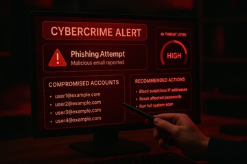 Cybercrime alert interface showing phishing attempt, compromised accounts, AI threat level, and recommended security actions
