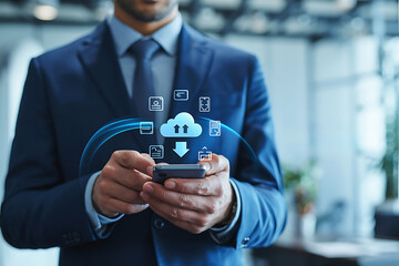 Businessman using smartphone with cloud computing technology interface