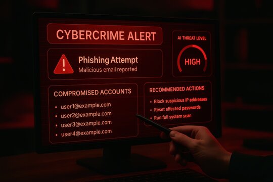 Cybercrime alert interface showing phishing attempt, compromised accounts, AI threat level, and recommended security actions
 - Powered by Adobe