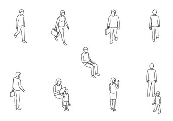Set of isometric people icons in a minimalist line art style