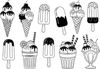 Vector art of collection of ice cream desserts and popsicles isolated on white background