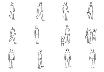 Set of isometric people icons in a minimalist line art style