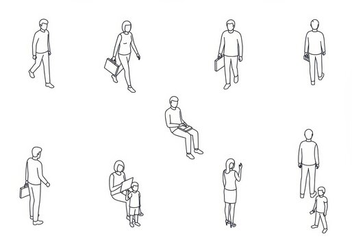 Set of isometric people icons in a minimalist line art style