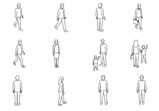 Set of isometric people icons in a minimalist line art style