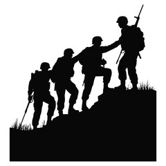 Naklejka premium Group of soldiers helping each other up terrain, teamwork and support silhouette vector isolated black and white