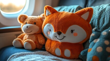 Fox shaped kids travel pillow on a cozy airplane seat with a blanket and stuffed animal beside it creating a comfortable and playful travel environment