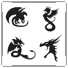 Dragon Silhouettes Set - Flying and Standing Dragons, Mythical Creature Icons for Fantasy Art, Magic, and Creative Design Use