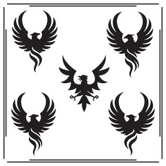 Phoenix Silhouettes Set - Winged Phoenix Bird Icons, Fantasy Creature Design for Magic, Mythical Art, and Creative Graphics Use
