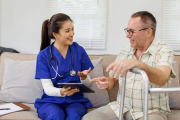Fototapeta premium Senior man, doctor or Nurse and clipboard for discussion, healthcare checkup in nursing home. Elderly person, medical professional and diagnosis advice, exam and results for consultation in retirement
