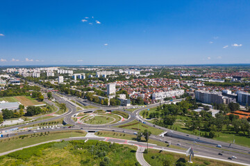Fototapeta premium Zagreb, Croatia, aerial view of new roundabout in Remetinec neighborhood, city traffic road with vehicles driving