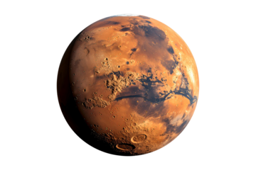 Red planet with vast canyons and craters against black void mars space, Isolated, Transparent Png