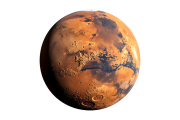 Red planet with vast canyons and craters against black void mars space, Isolated, Transparent Png