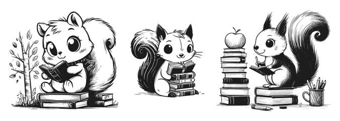Whimsical squirrels reading on book stacks in monochrome sketch style, back to school, set of vector