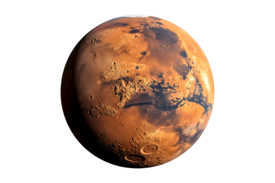 Red planet with vast canyons and craters against black void mars space, Isolated, Transparent Png