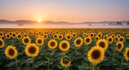 Golden Sunflowers Embrace Morning Mist