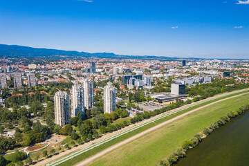 Panoramic view of the Sava river in Zagreb, Croatia, city skyline in background