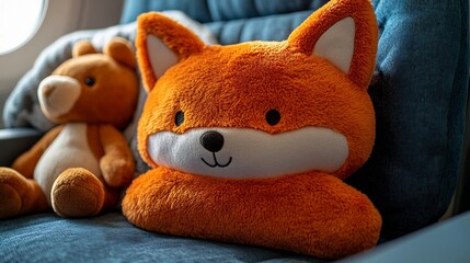 Fox shaped kids travel pillow on a cozy airplane seat with a blanket and stuffed animal beside it creating a comfortable and playful travel environment
