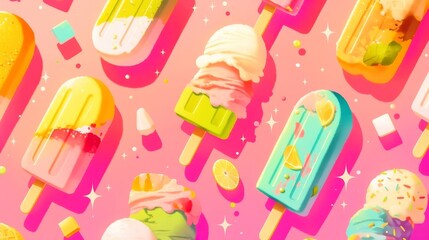 Colorful ice pops on a vibrant background, assorted fruity flavors and fun designs, perfect for summer treats or party themes.