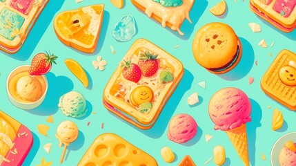 Colorful dessert spread, playful arrangement of waffles, fruits, and ice cream, casual summer treat theme, vibrant colors.