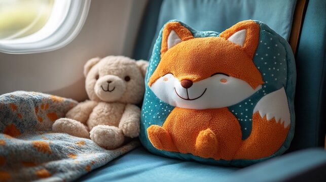 Fox shaped kids travel pillow on a cozy airplane seat with a blanket and stuffed animal beside it creating a comfortable and playful travel environment