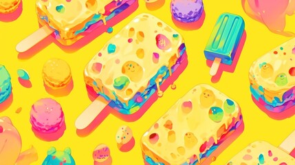 Colorful ice pops and candies, vibrant summer treats with playful designs on a bright yellow background, perfect for festive designs.