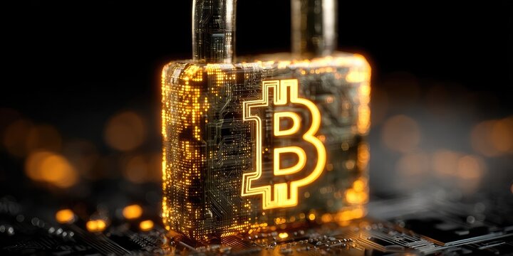 Bitcoin padlock symbol on circuit board represents digital security