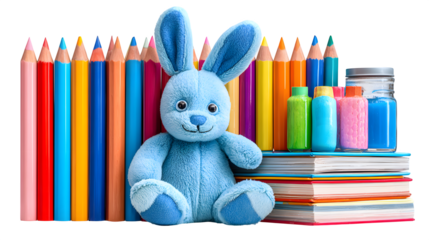 Blue Bunny Toy Surrounded by Colorful Pencils and Children's Book isolated on transparent white background --ar 16:9 --raw