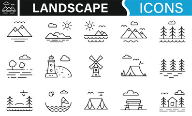 Landscape Icon Collection with Nature Elements for Environmental Design