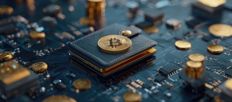 Bitcoin wallet on circuit board background digital currency concept
