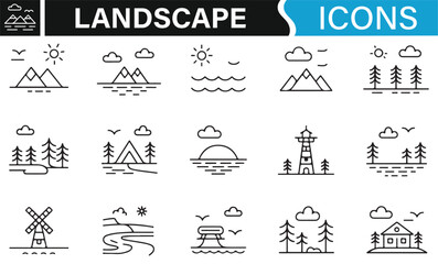 Icons Depicting Beautiful Natural Landscapes with Forests, Mountains, and Water