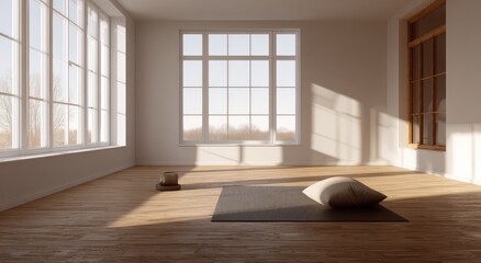 Obraz premium Bright room with windows and yoga mat for meditation