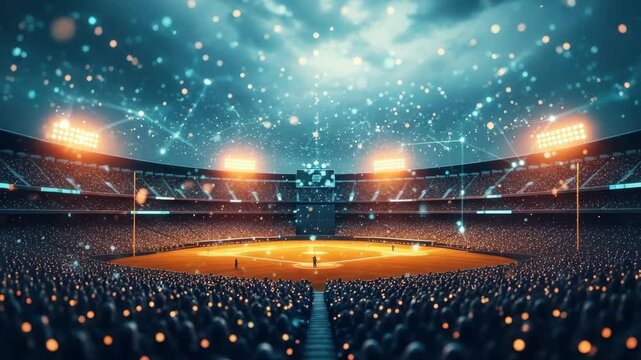 A vibrant night scene at a packed baseball stadium illuminated by bright floodlights showcasing an intense game with fans cheering in the background creating an electrifying atmosphere
