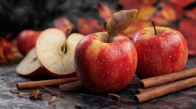 Close up of red apples with cinnamon sticks and star anise on a dark textured surface