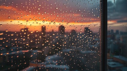 Raindrops on windowpane overlooking city skyline at sunset water