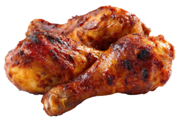 Three grilled chicken drumsticks, glistening with a reddish-brown BBQ sauce.  They are piled in a slightly overlapping arrangement, showing grill marks and a slightly caramelized exterior