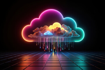 Abstract neon cloud with colorful digital rain falling on a reflective surface, representing data and technology