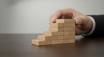Hand holding, stacking, and pushing wooden blocks in a business or puzzle concept