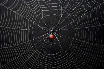 A captivating closeup of a black widow spider poised in its intricate web, showcasing its striking red hourglass marking against the dark backdrop, a symbol of danger