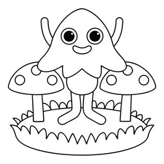 Cute ghost character with mushrooms and grass cartoon drawing