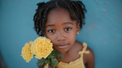 little girl with yellow flower, blue wall.