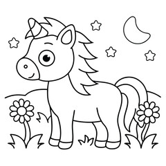 Cute unicorn with stars and moon in grassy field horse mythical creature